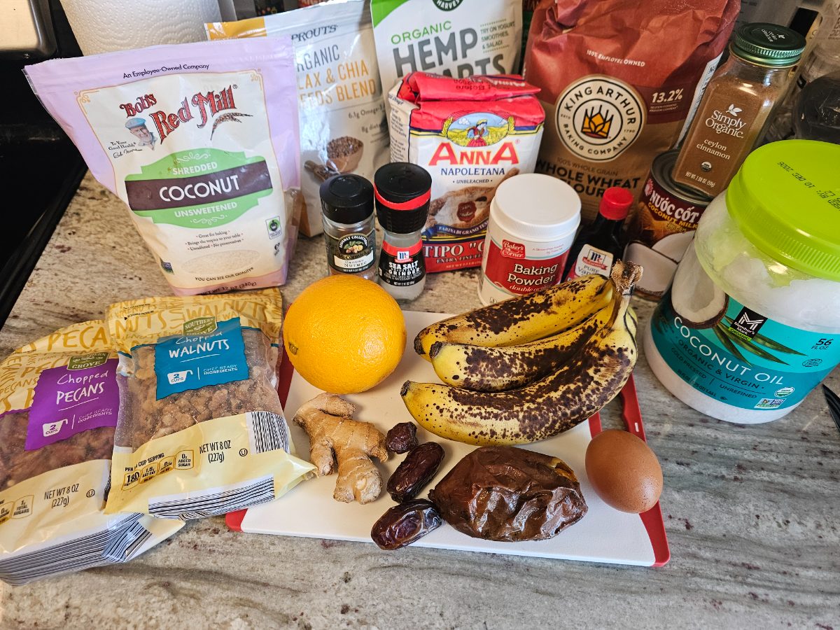 Ingredients for Sweet Potato Banana Muffins with Yogurt Dip and Fresh Fruit